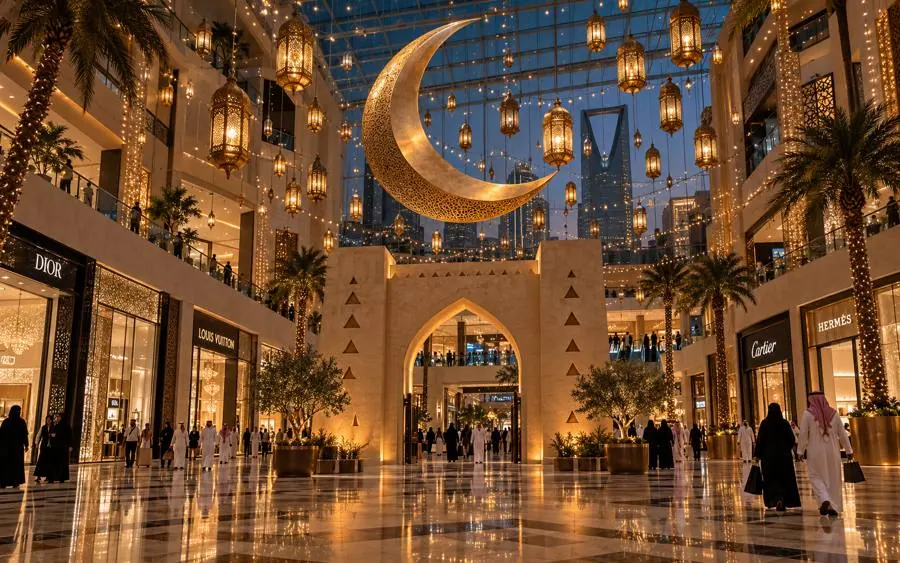 Concept render: Najdi arched gateway under a suspended golden crescent in a mall atrium