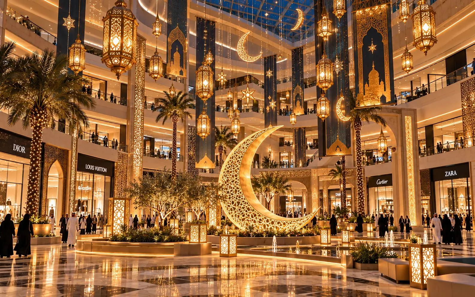 Concept render: mall atrium dressed for Ramadan with a giant filigree crescent, hanging lanterns, banners and illuminated palms