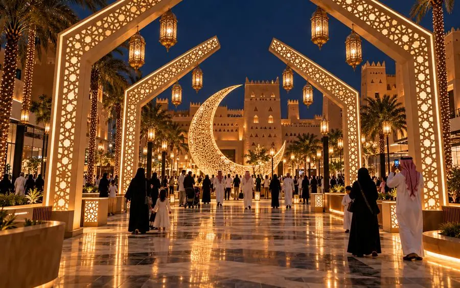 Concept render: illuminated geometric arches leading to a glowing crescent in an outdoor plaza