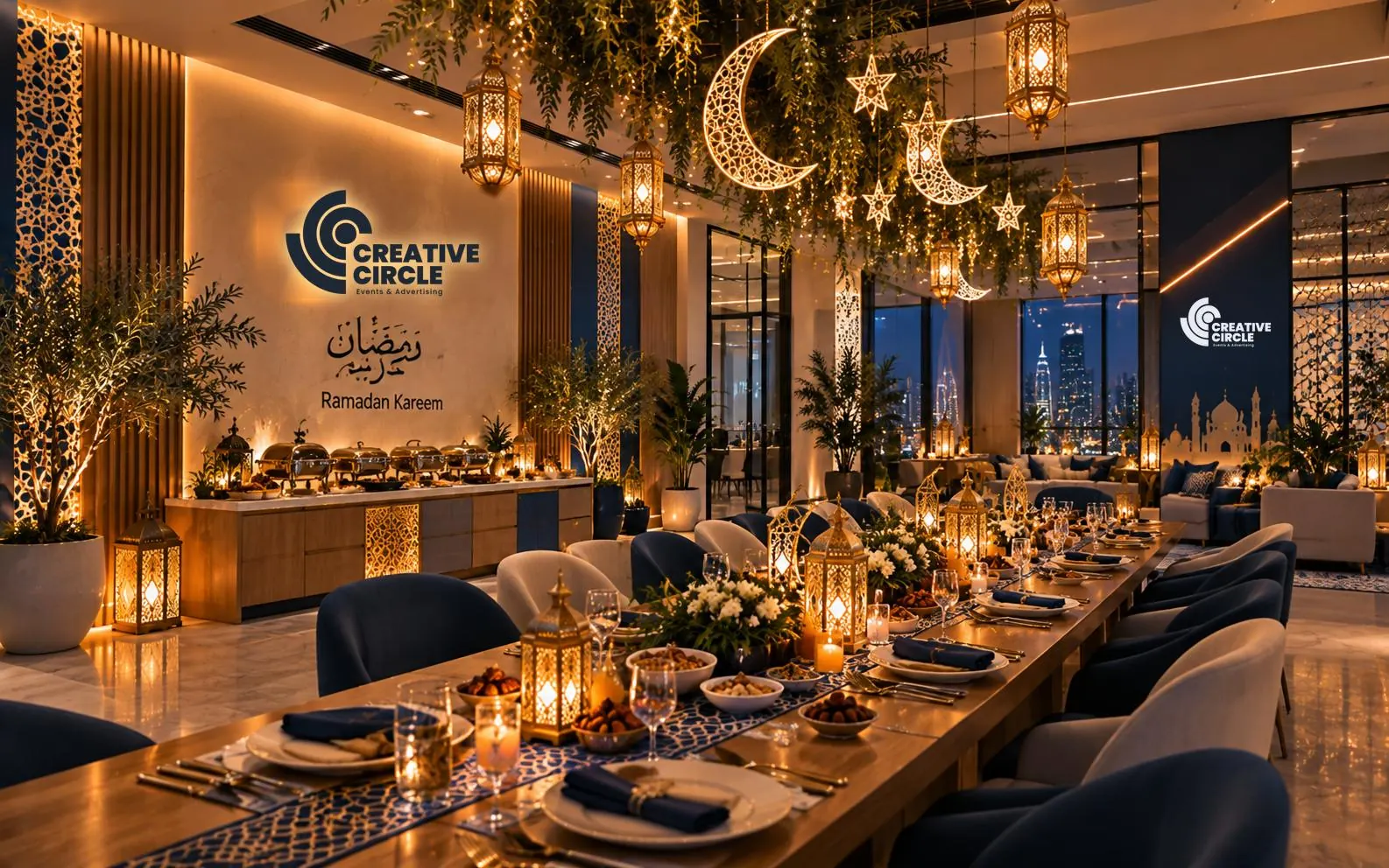 Concept render: Ramadan iftar set up inside a corporate office with Creative Circle branding, lanterns and crescent décor